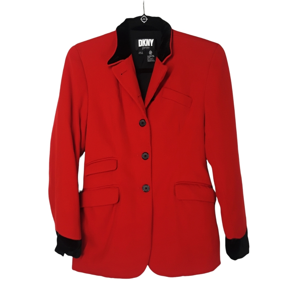 VTG DKNY Wool Red Black Velvet Gaberdine Hip Length Riding Jacket Blazer 8P M